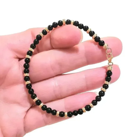 Onyx 4mm 14k Solid Yellow or Rose Gold Lobster or Stretchy Bead Bracelet
